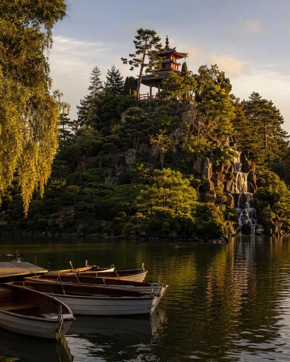 Rowboats moored on Stow Lake in warm evening light, with a red pagoda-style pavilion atop the wooded island hill and a waterfall beside it.