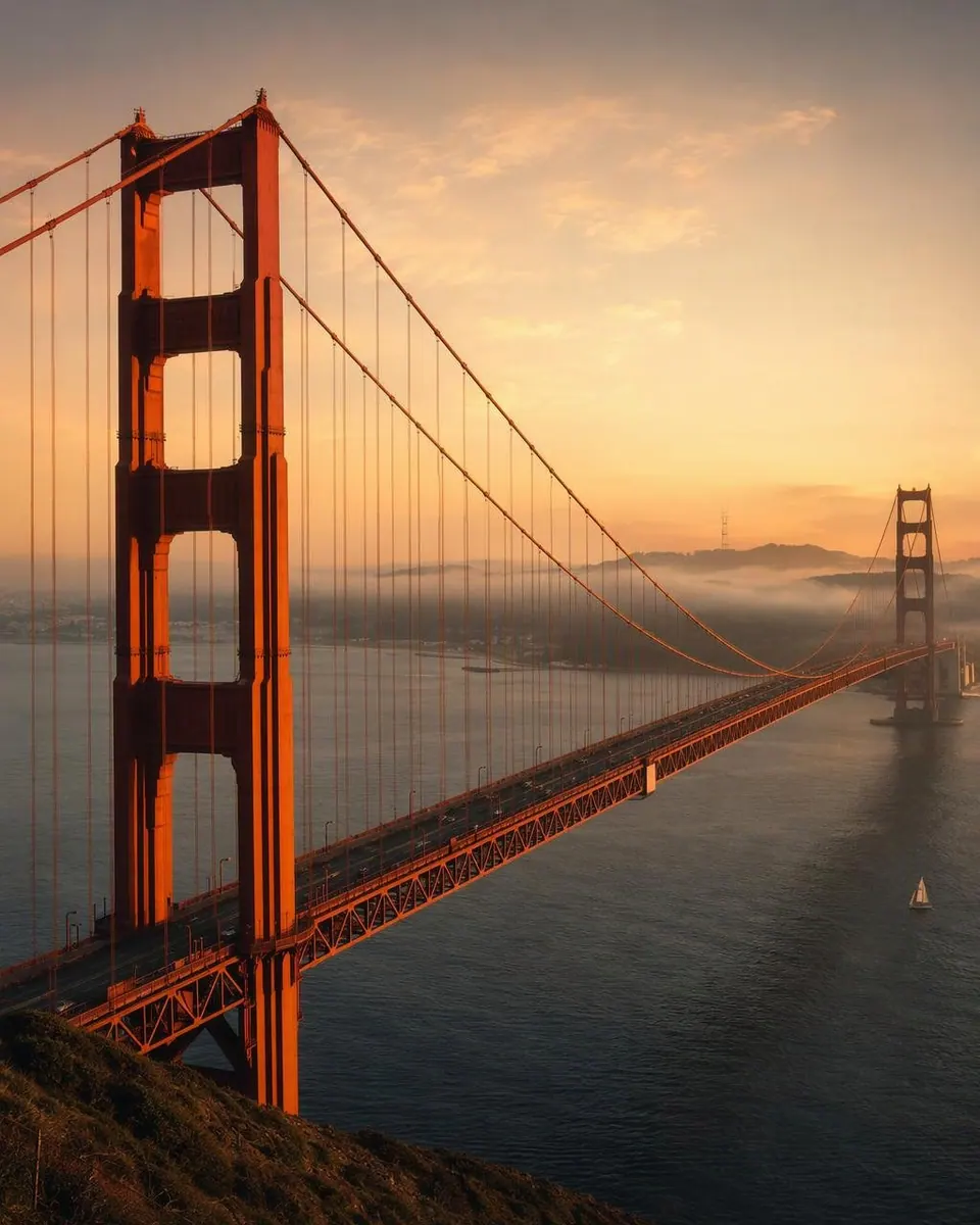 Golden Gate Bridge's orange South Tower and cables at sunset, with fog over the bay, a small sailboat and a grassy hillside below.