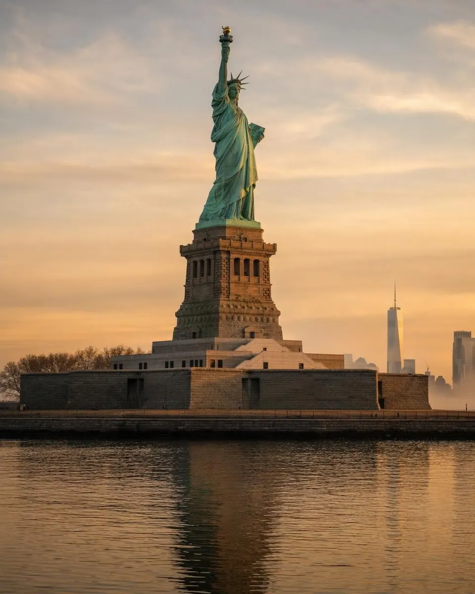 The Statue of Liberty and its stone pedestal at sunset, with calm water in the foreground and a skyscraper rising in the hazy distance.