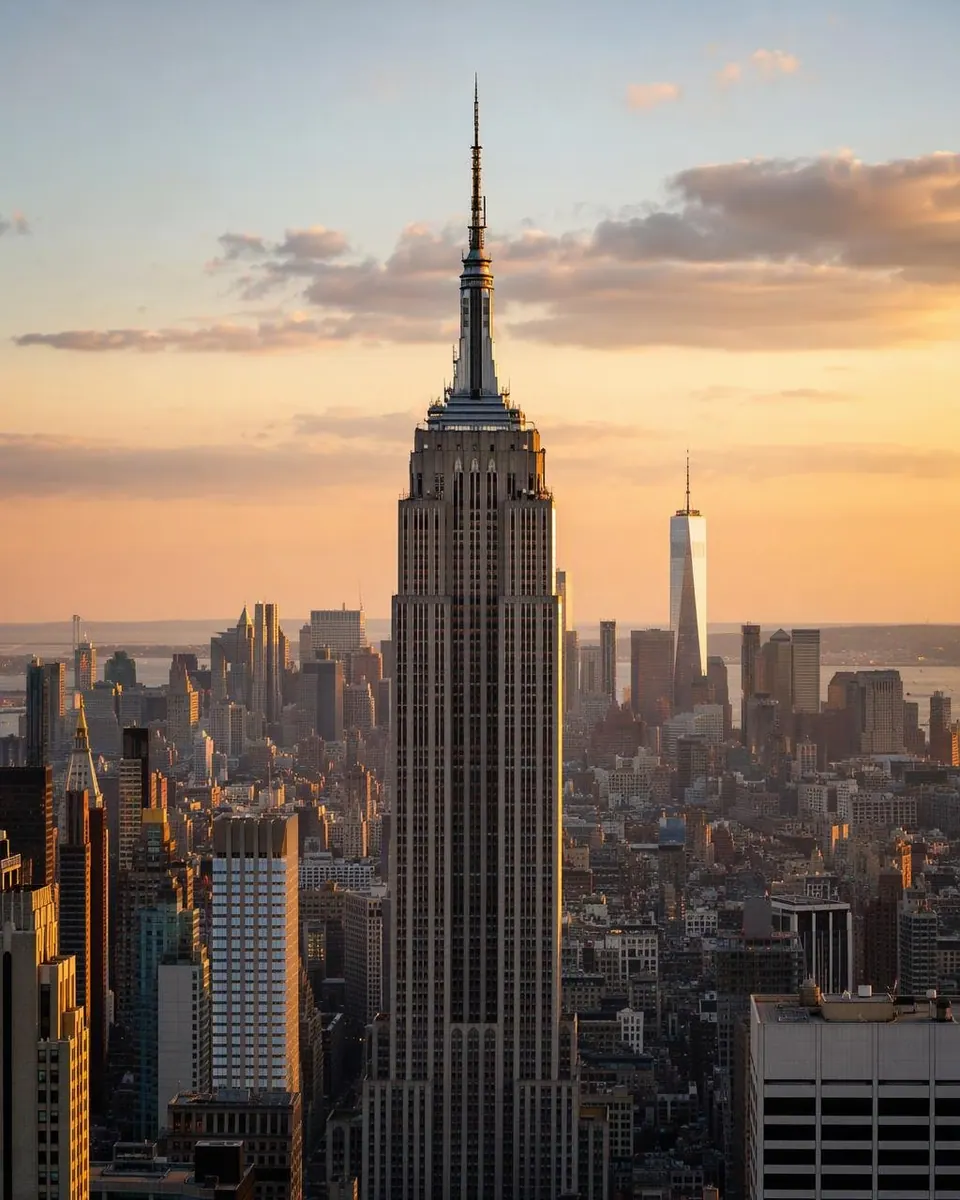 The Empire State Building's spire rises above Midtown rooftops at sunset, with One World Trade Center glowing in the distance.