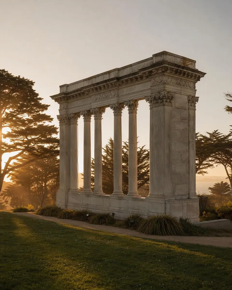 Portals of the Past, a white marble colonnade with carved capitals, stands on a lawn in Golden Gate Park as low sun glows through cypress trees.