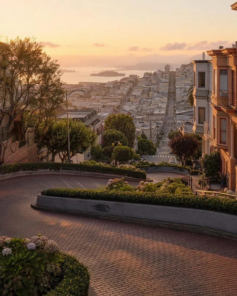 Lombard Street's brick curves at sunrise, with hydrangeas and hedges in front and the city sloping down toward the bay and Alcatraz.