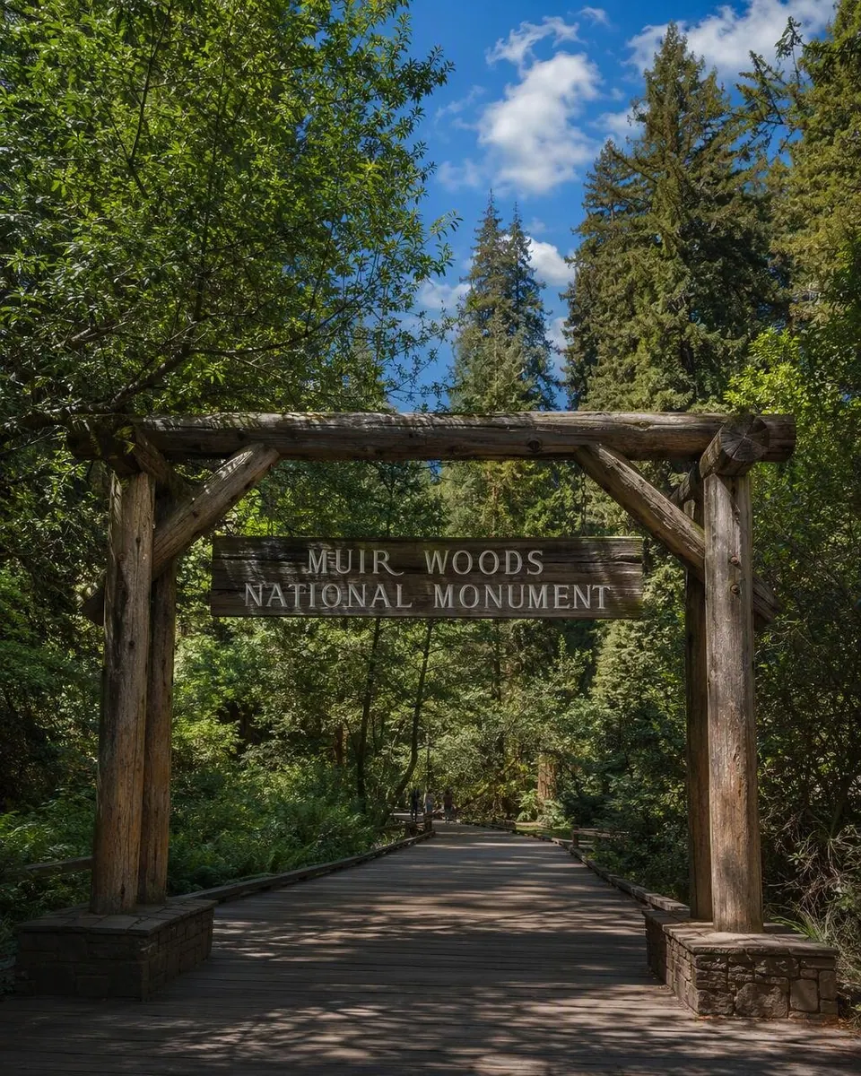‘Muir Woods National Monument’라고 적힌 통나무 입구 아치가 그늘진 나무 산책로와 높은 레드우드 숲 위로 서 있습니다.